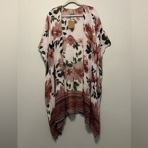 NALINI Women’s White Pink/Purple Floral‎ Long Kimono Boho Beach Cover-up